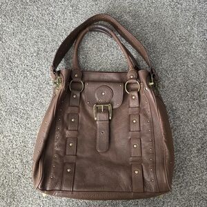 Betsey Johnson VTG Y2K Heavy Brown Leather Studded Tote Handbag Charms Large
